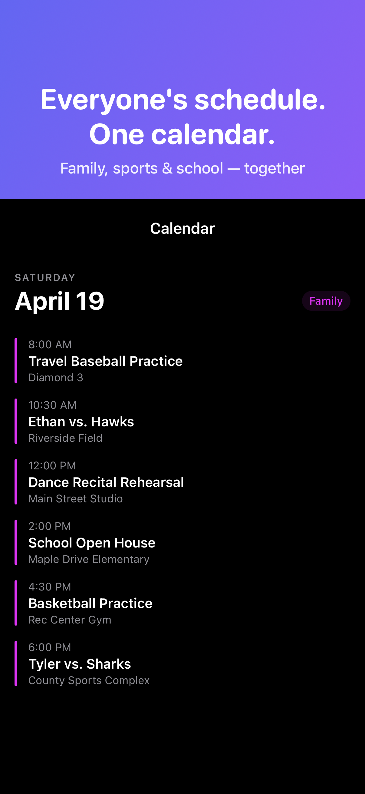 A merged family calendar showing every game, practice, and recital for one Saturday