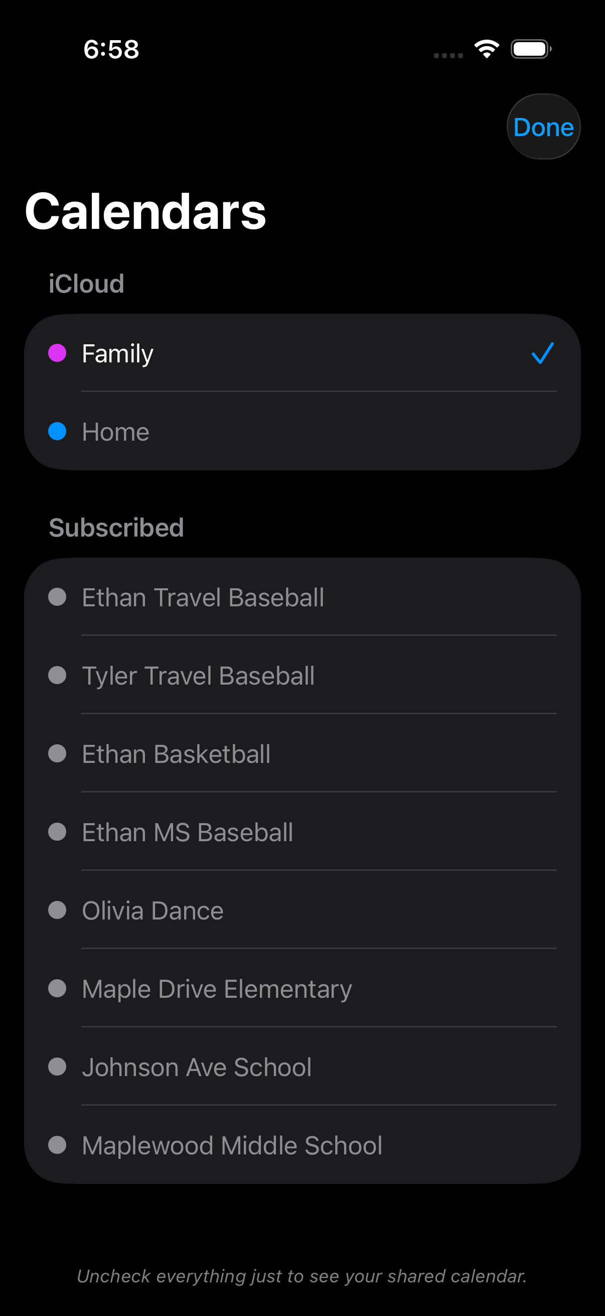 iPhone calendar list with all subscribed calendars unchecked
