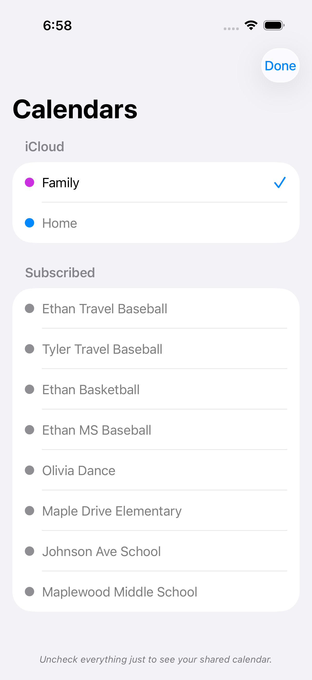 iPhone calendar list with all subscribed calendars unchecked