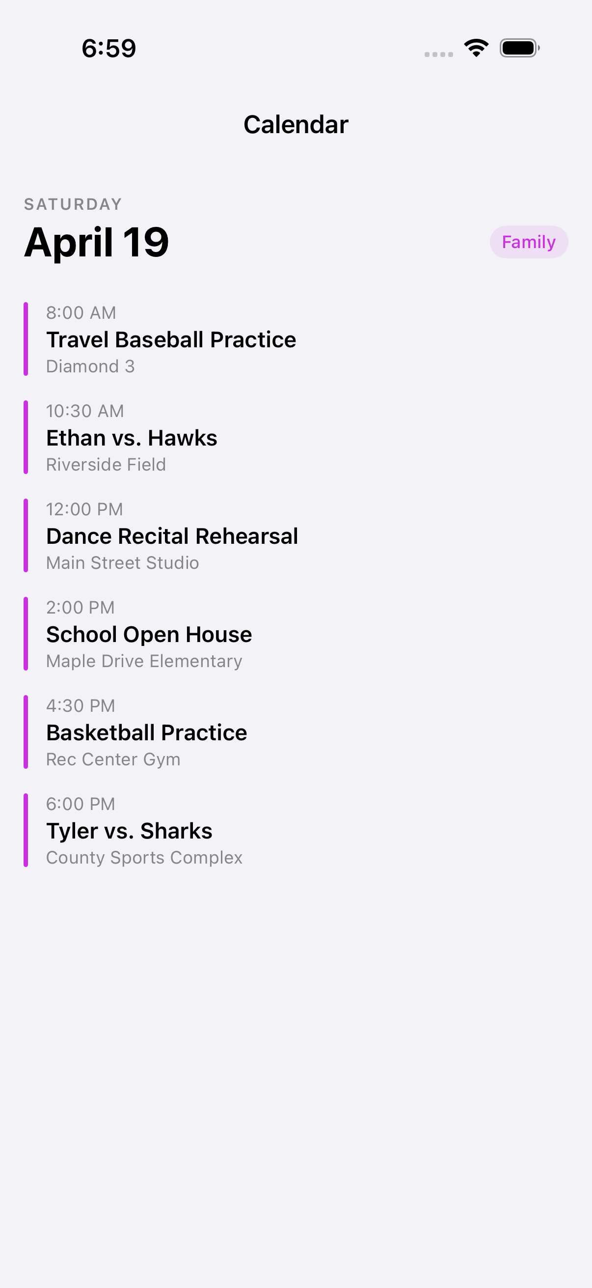 iPhone calendar showing all sports and school events in one view