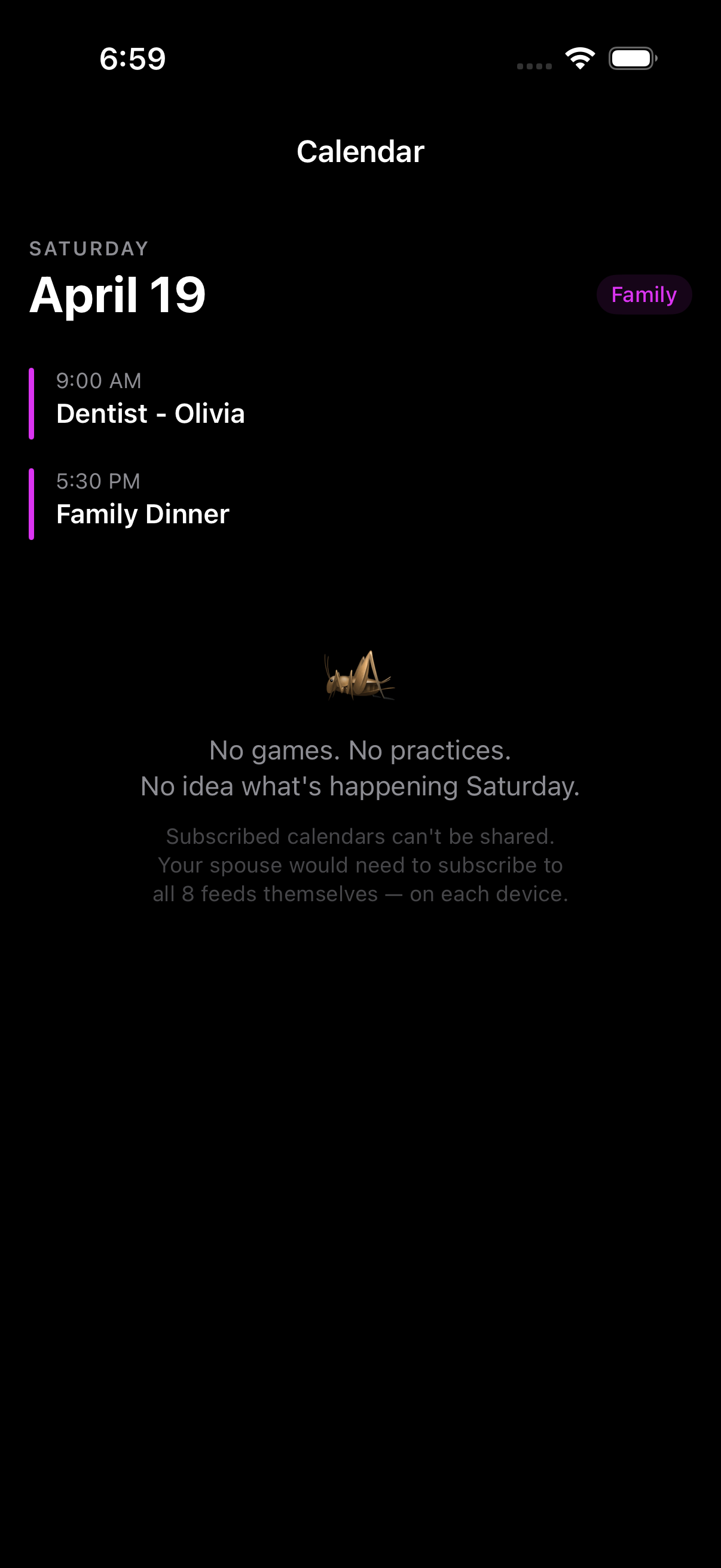 Spouse's iPhone showing only 2 family events, missing all sports