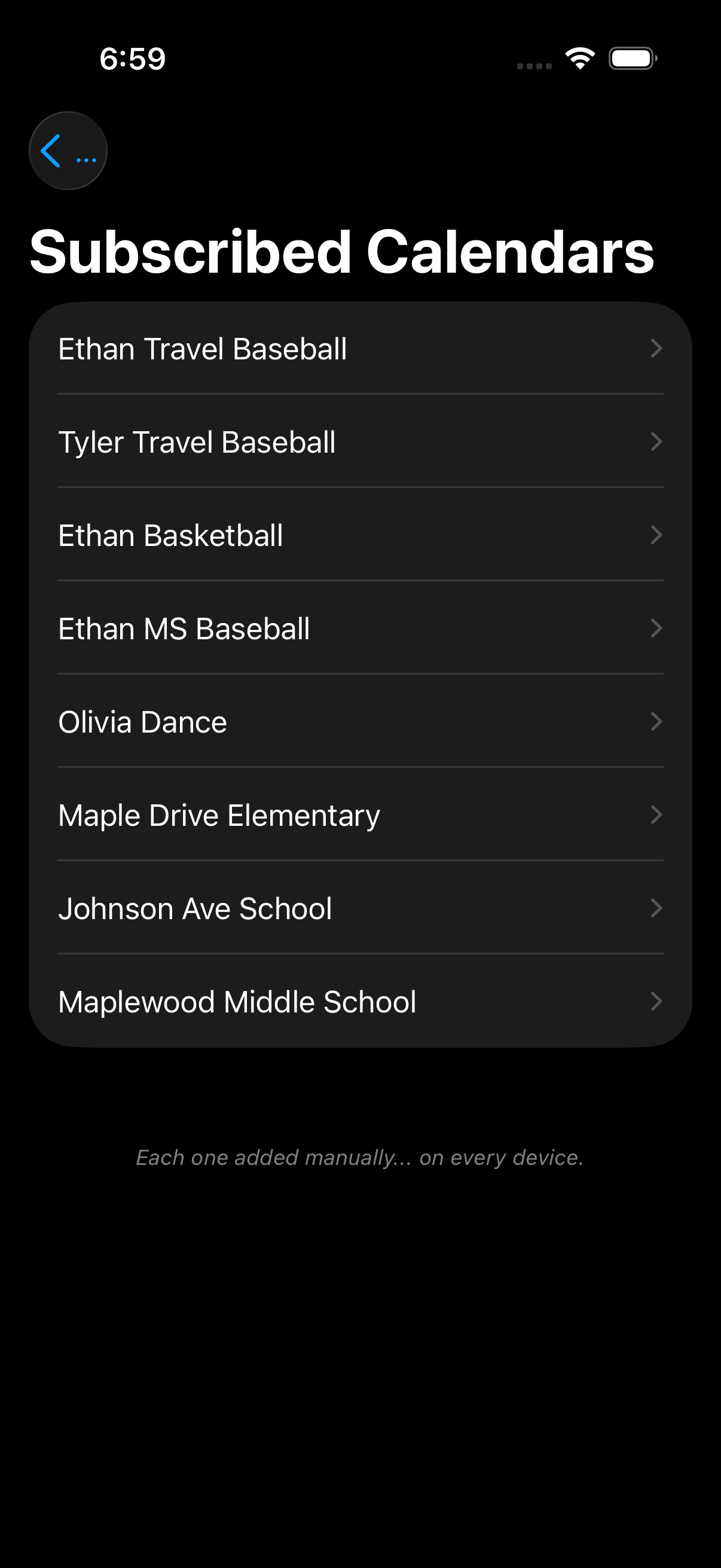 iPhone Settings showing 8 manually subscribed calendars