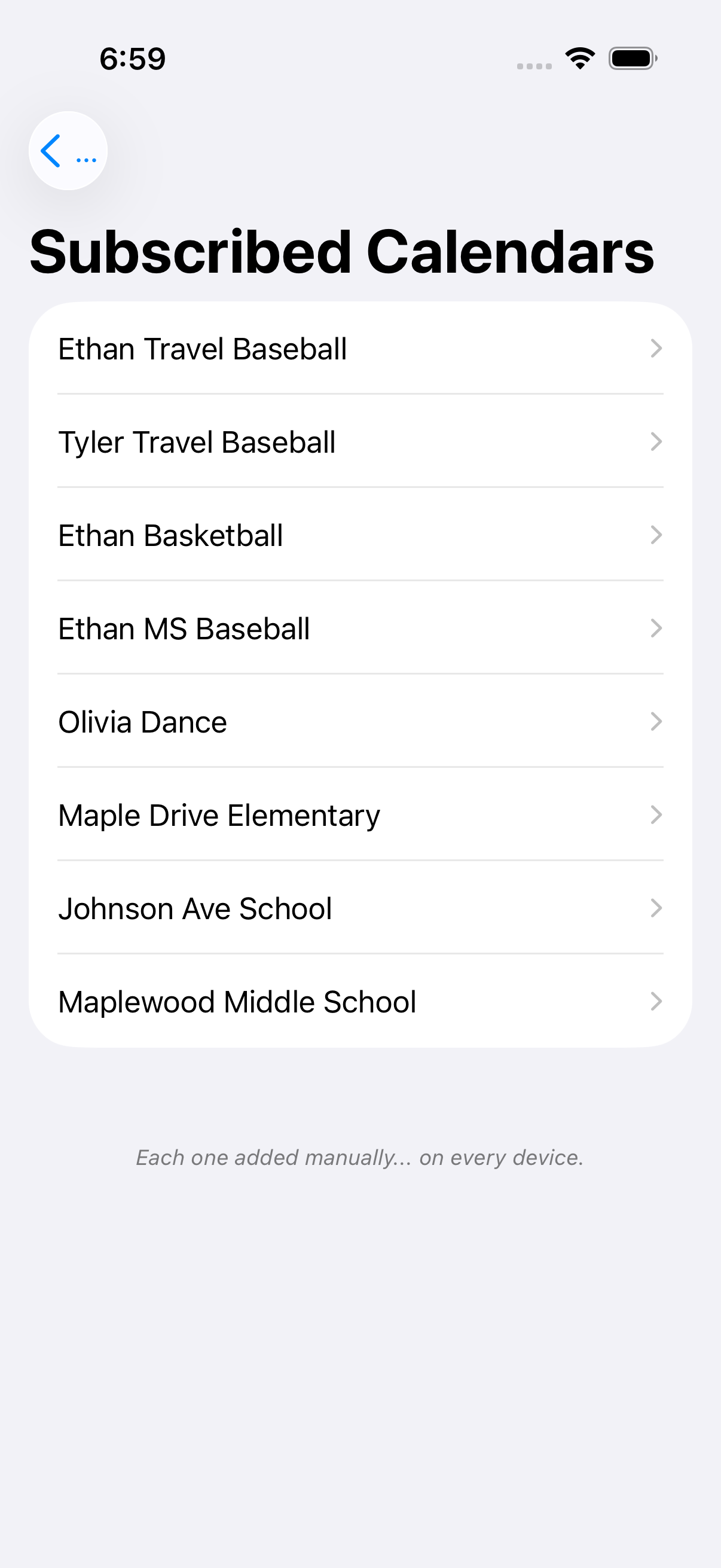 iPhone Settings showing 8 manually subscribed calendars